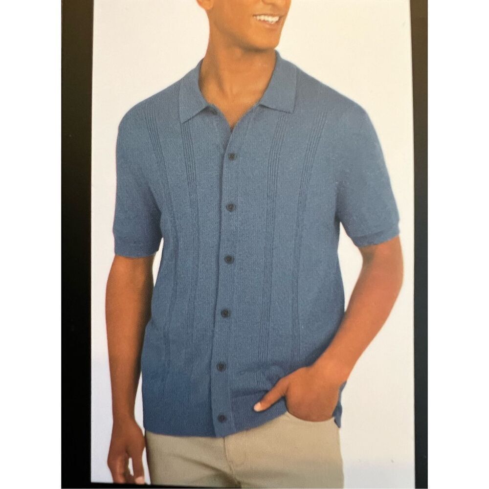 NWT DKNY Men's Button Front Blue Vertical Stripe Collar Sweater shirt M $90
